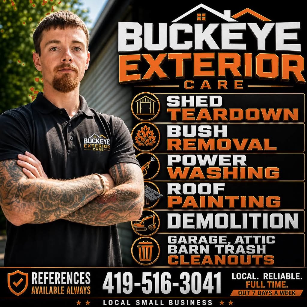 Promotional graphic featuring Trey Johnson in a black Buckeye Exterior Care polo beside a list of services